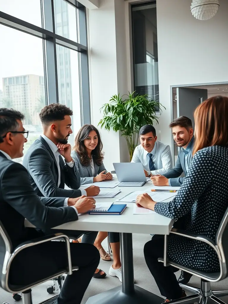 A photograph of a diverse team of investment professionals collaborating in a modern office setting, symbolizing Everest Capital Partners' collaborative approach to investment decisions.