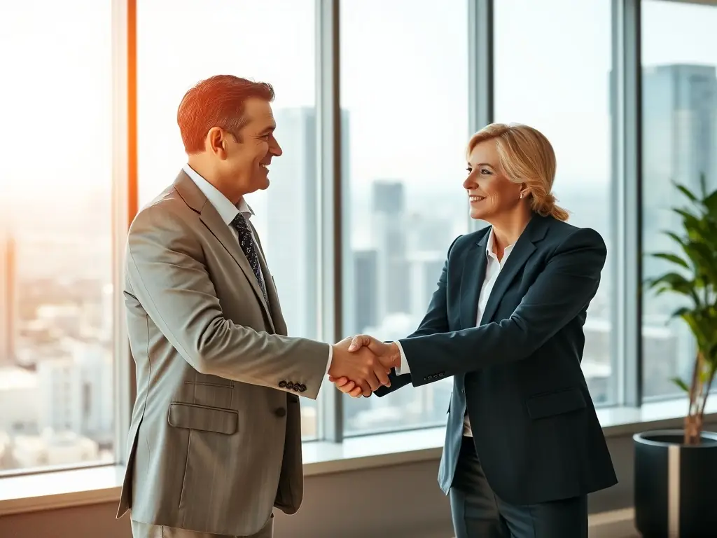 An image depicting a successful business leader shaking hands with an Everest Capital Partners executive, symbolizing a strong partnership and shared vision.