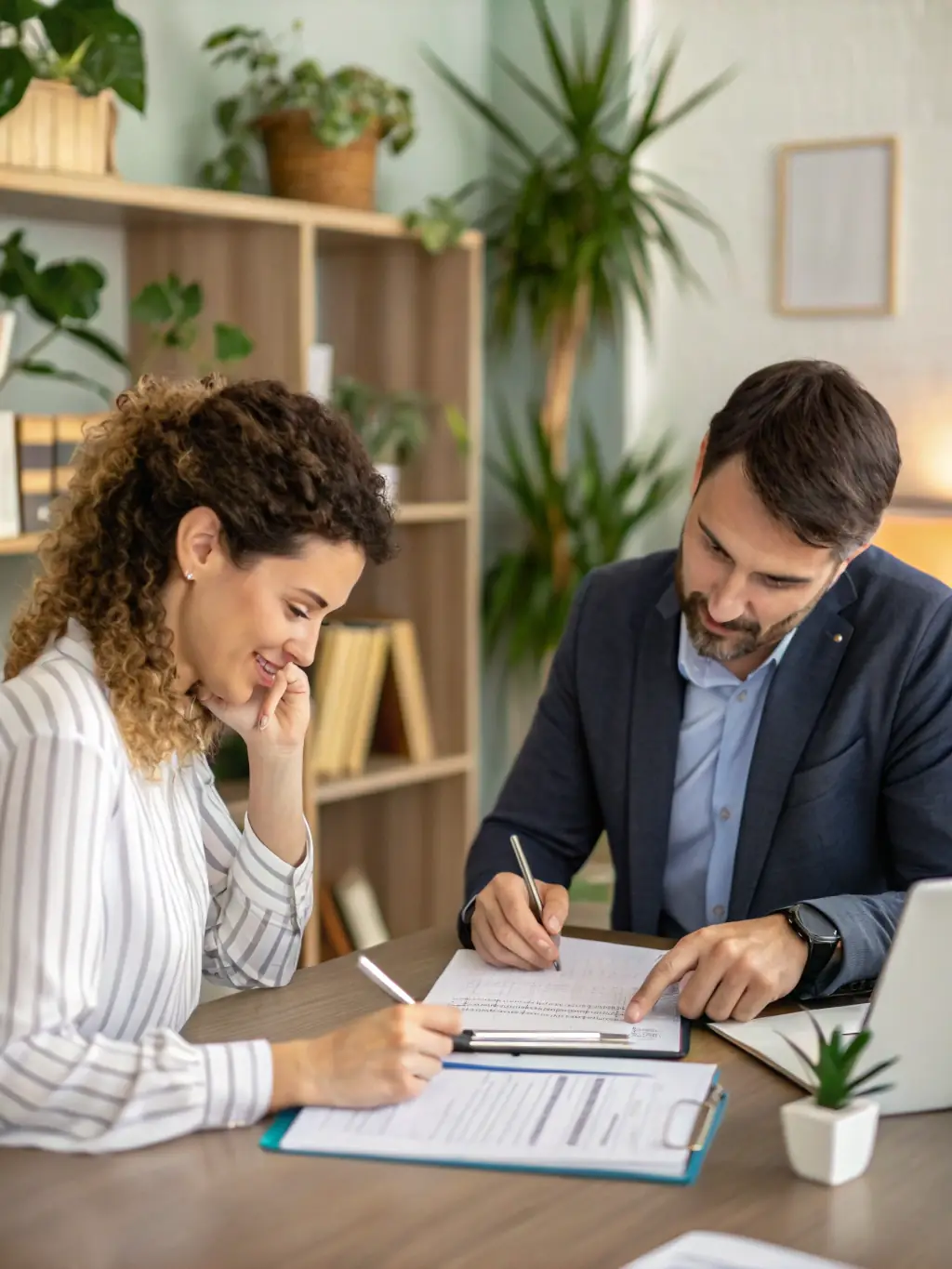 A professional setting with a consultant reviewing financial documents with a client, symbolizing the initial consultation phase.