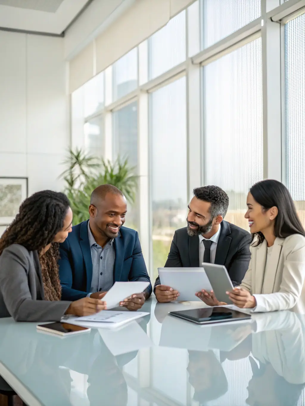 A professional setting featuring a diverse team of financial advisors collaborating on debt capital strategies, with charts and graphs illustrating potential solutions.