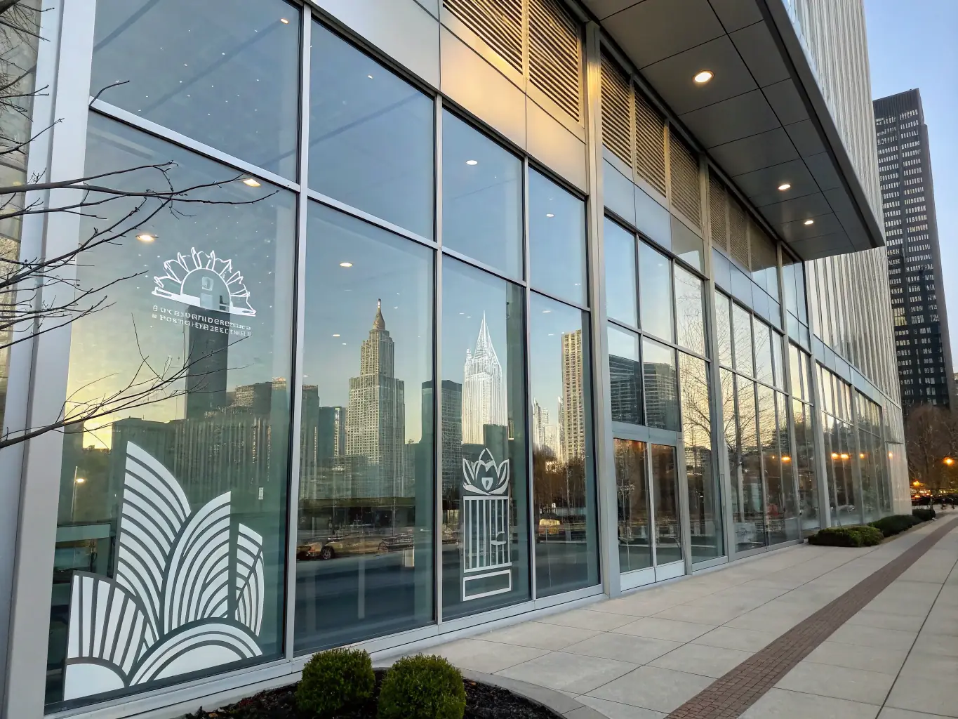 A modern office building with a glass facade, representing the technology industry, with subtle financial charts overlaid to symbolize growth and investment.