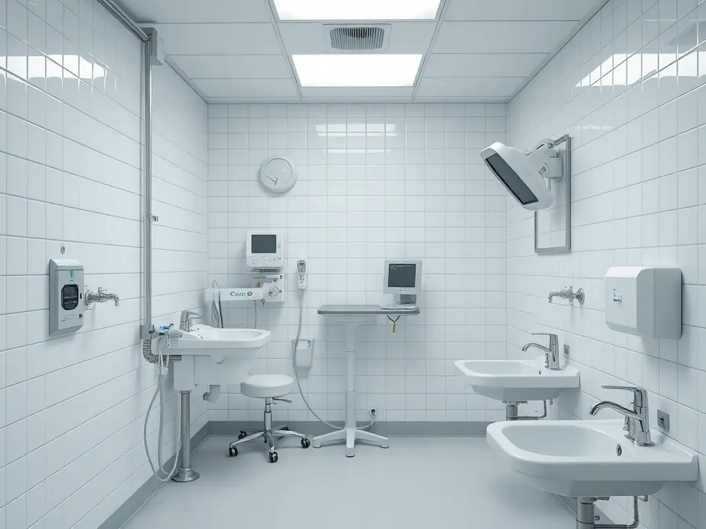 A clean and modern hospital interior, representing the healthcare industry, with subtle financial symbols integrated to convey stability and investment.