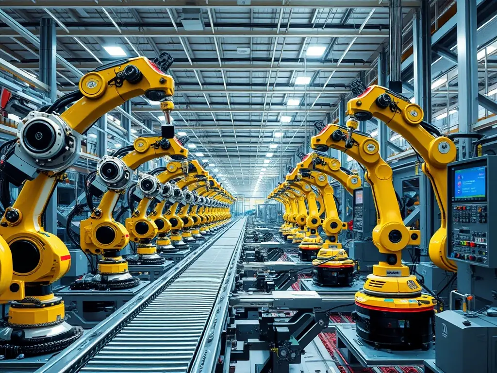 A manufacturing plant with modern machinery, representing the manufacturing industry, with subtle financial graphs in the background to indicate growth and efficiency.