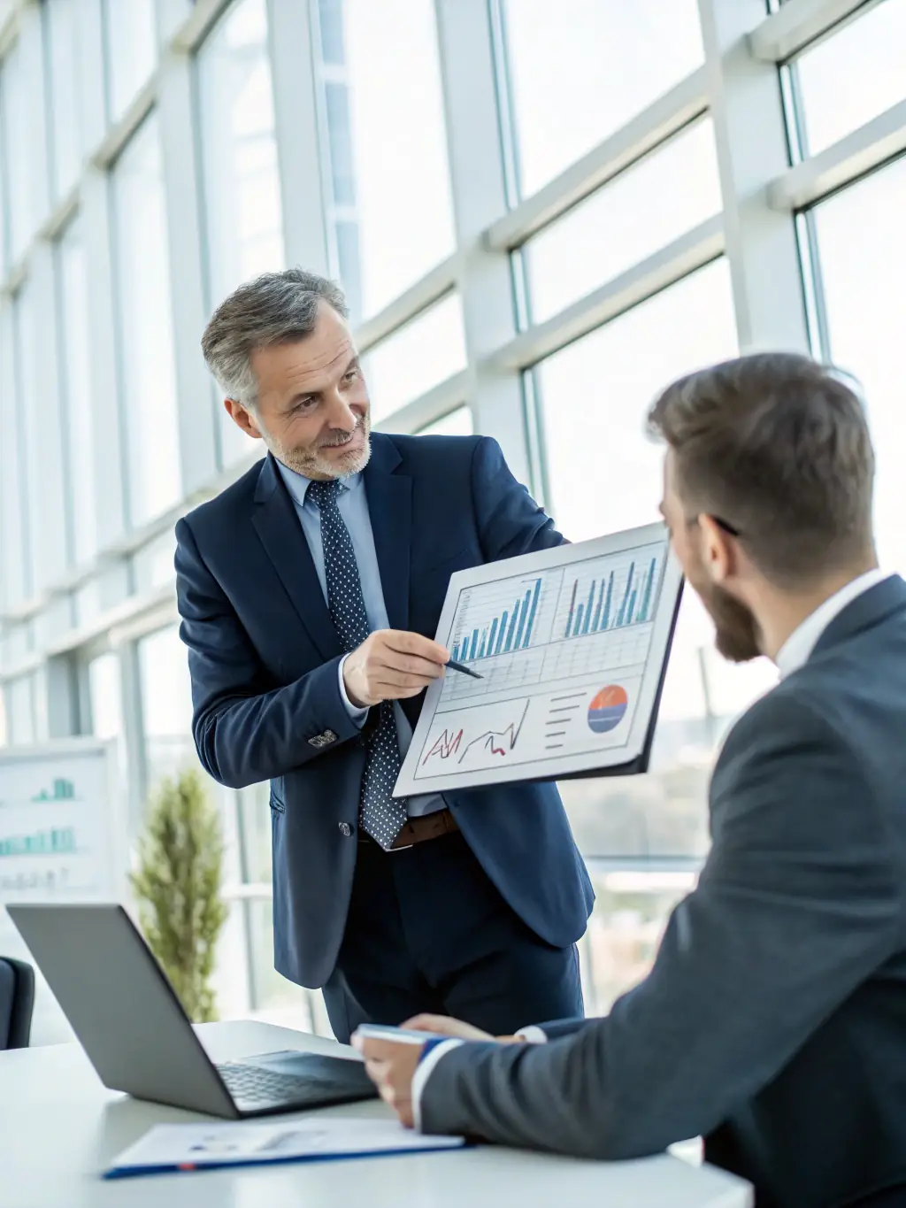 A modern office environment with a financial analyst presenting debt restructuring options to a client, emphasizing cost savings and improved cash flow.