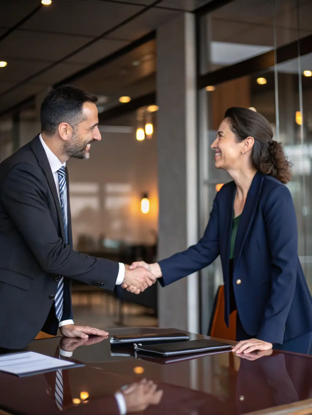 A confident business owner shaking hands with a financial consultant, representing a successful partnership in securing a commercial real estate loan.